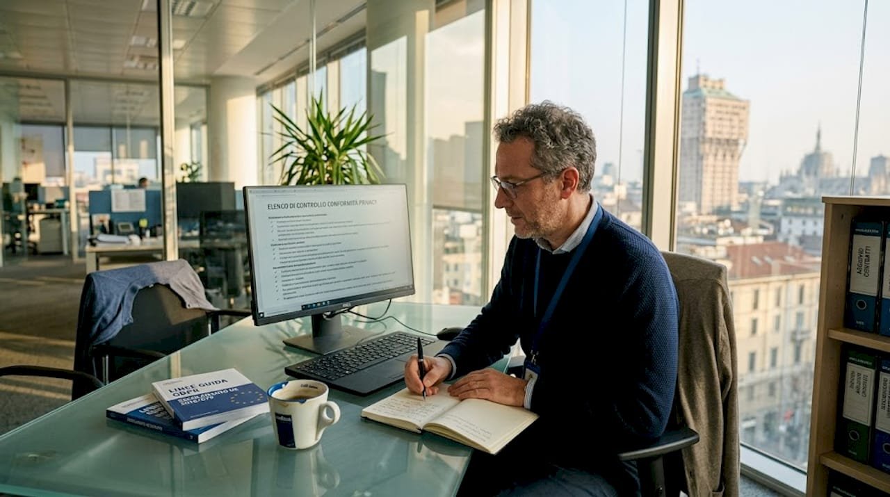 Il responsabile della privacy al lavoro nel suo ufficio privato, immerso nei documenti e nelle decisioni delicate.