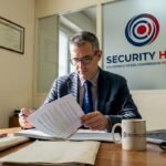 Un esperto IT discute la revisione delle policy di sicurezza durante una riunione informale con il team di una PMI.