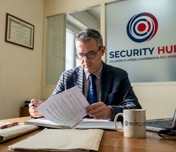 Un esperto IT discute la revisione delle policy di sicurezza durante una riunione informale con il team di una PMI.