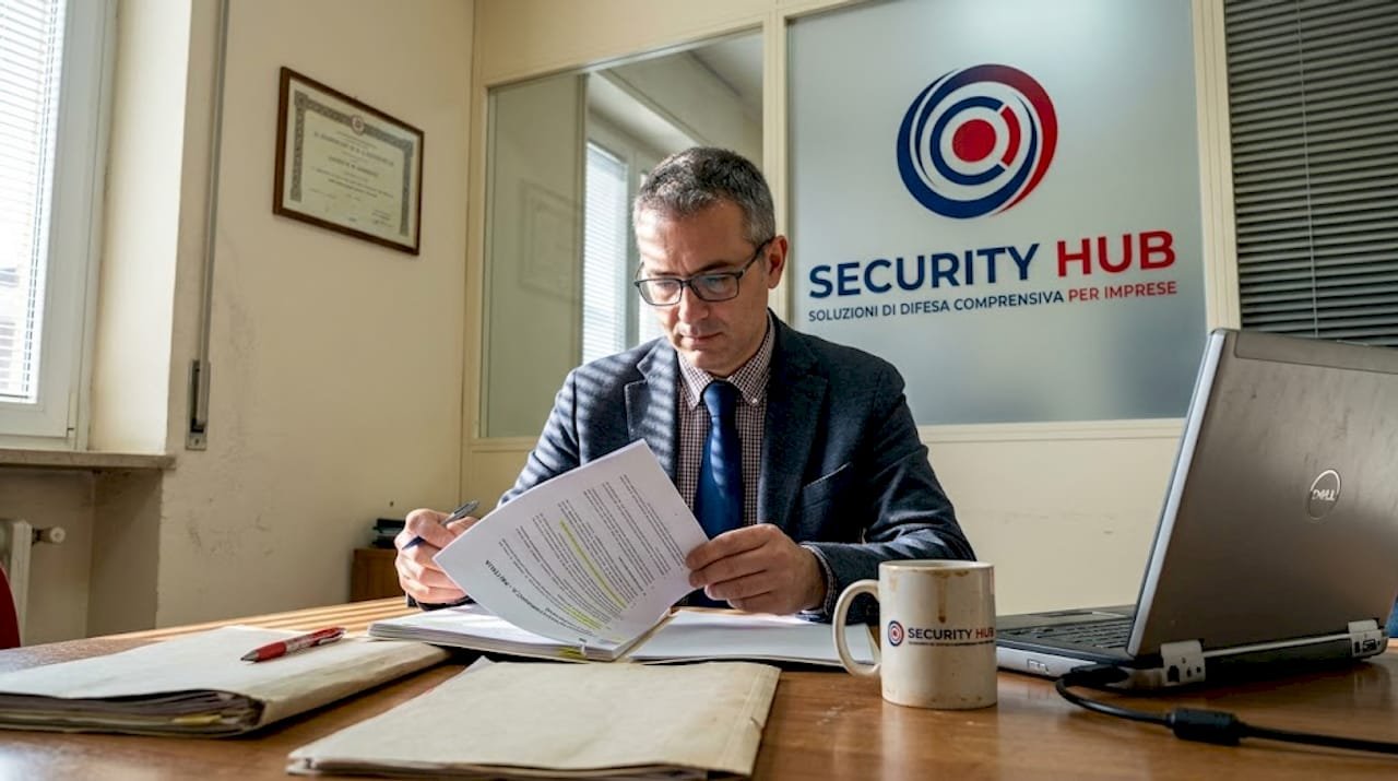 Un esperto IT discute la revisione delle policy di sicurezza durante una riunione informale con il team di una PMI.