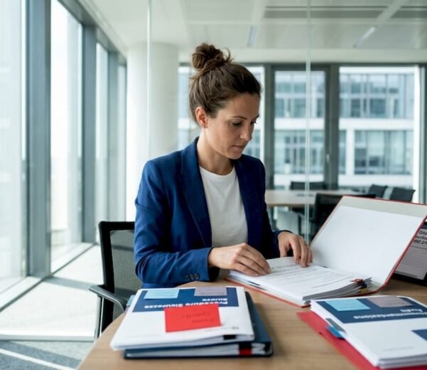 L’office manager è impegnato a riordinare i fascicoli della documentazione ISO.