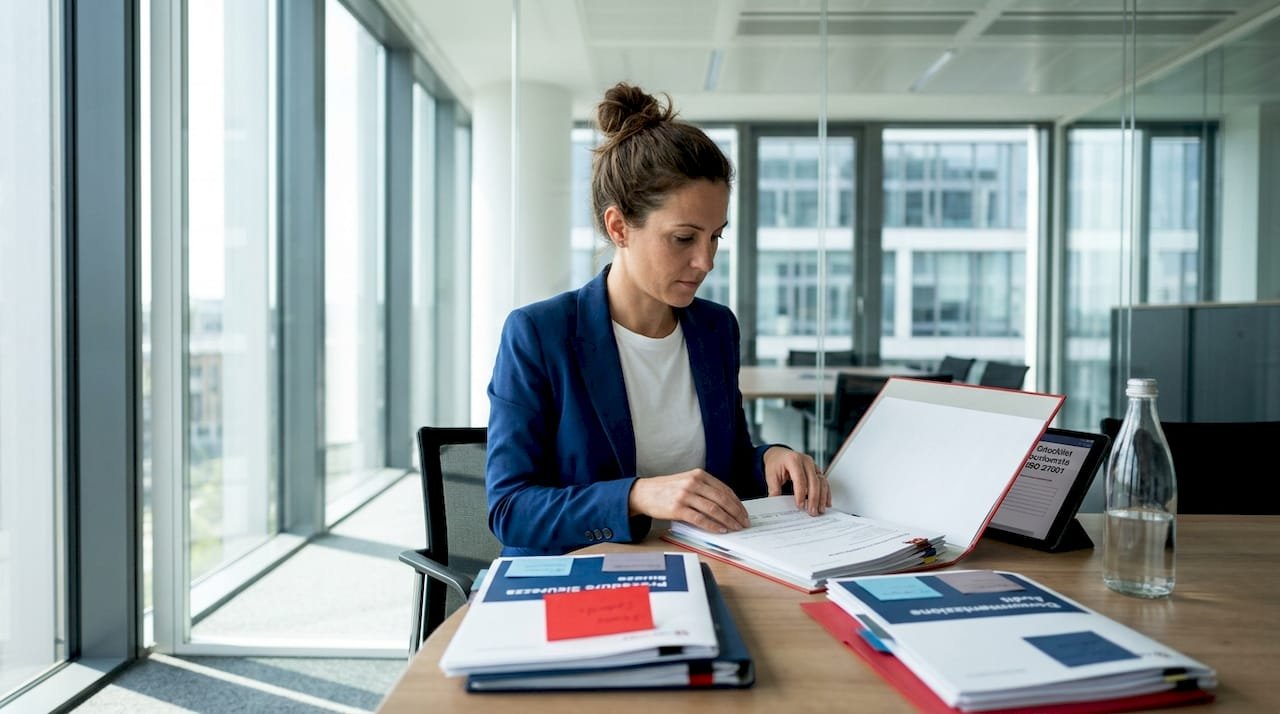 L’office manager è impegnato a riordinare i fascicoli della documentazione ISO.