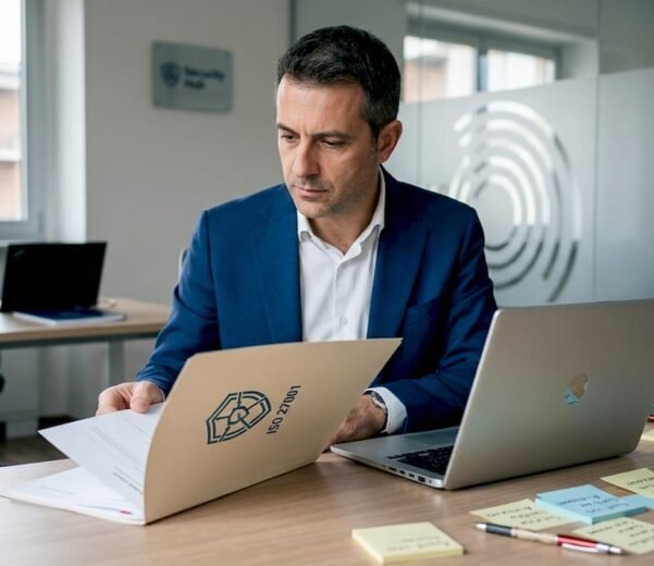 Un consulente informatico analizza la documentazione relativa alla certificazione ISO 27001 direttamente in ufficio.