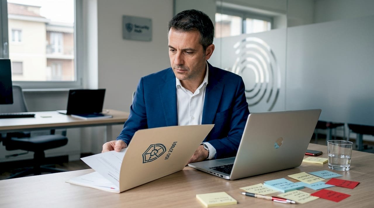 Un consulente informatico analizza la documentazione relativa alla certificazione ISO 27001 direttamente in ufficio.