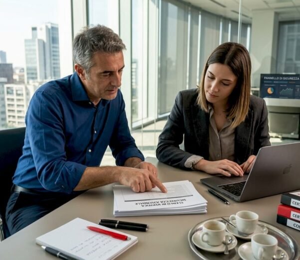 Consulenti impegnati nell’analisi della checklist per la certificazione di sicurezza
