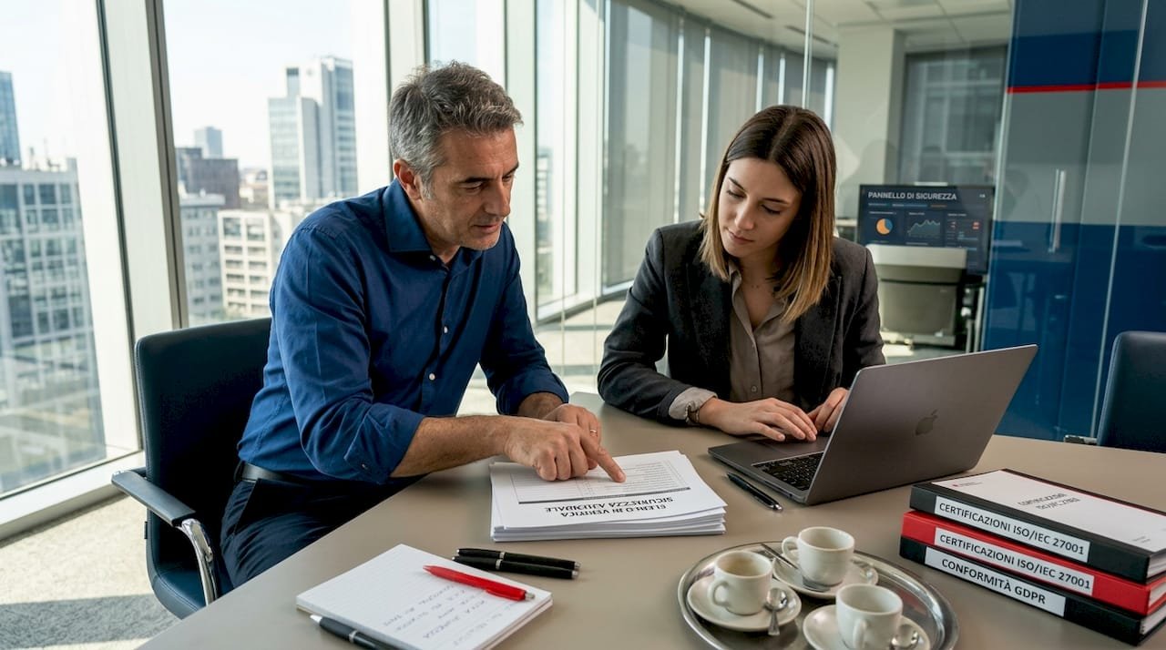 Consulenti impegnati nell’analisi della checklist per la certificazione di sicurezza