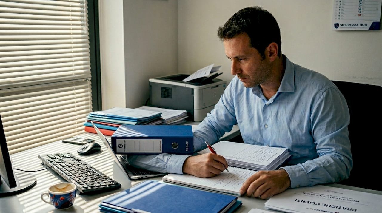 Un professionista si occupa della gestione delle registrazioni di sicurezza all'interno dell'ufficio.