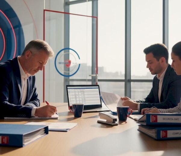 Il responsabile e il team si confrontano insieme sulla documentazione ISO, analizzando i contenuti e verificando che tutto sia conforme agli standard.