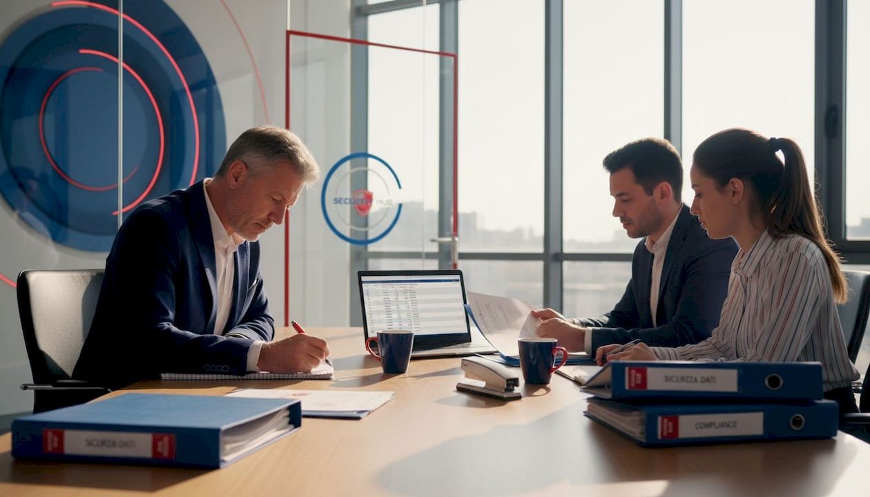 Il responsabile e il team si confrontano insieme sulla documentazione ISO, analizzando i contenuti e verificando che tutto sia conforme agli standard.