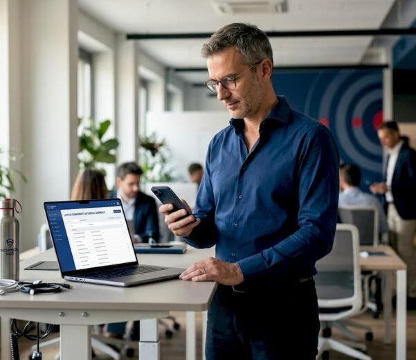 Professionista che mette al sicuro il proprio smartphone vicino alla finestra dell’ufficio