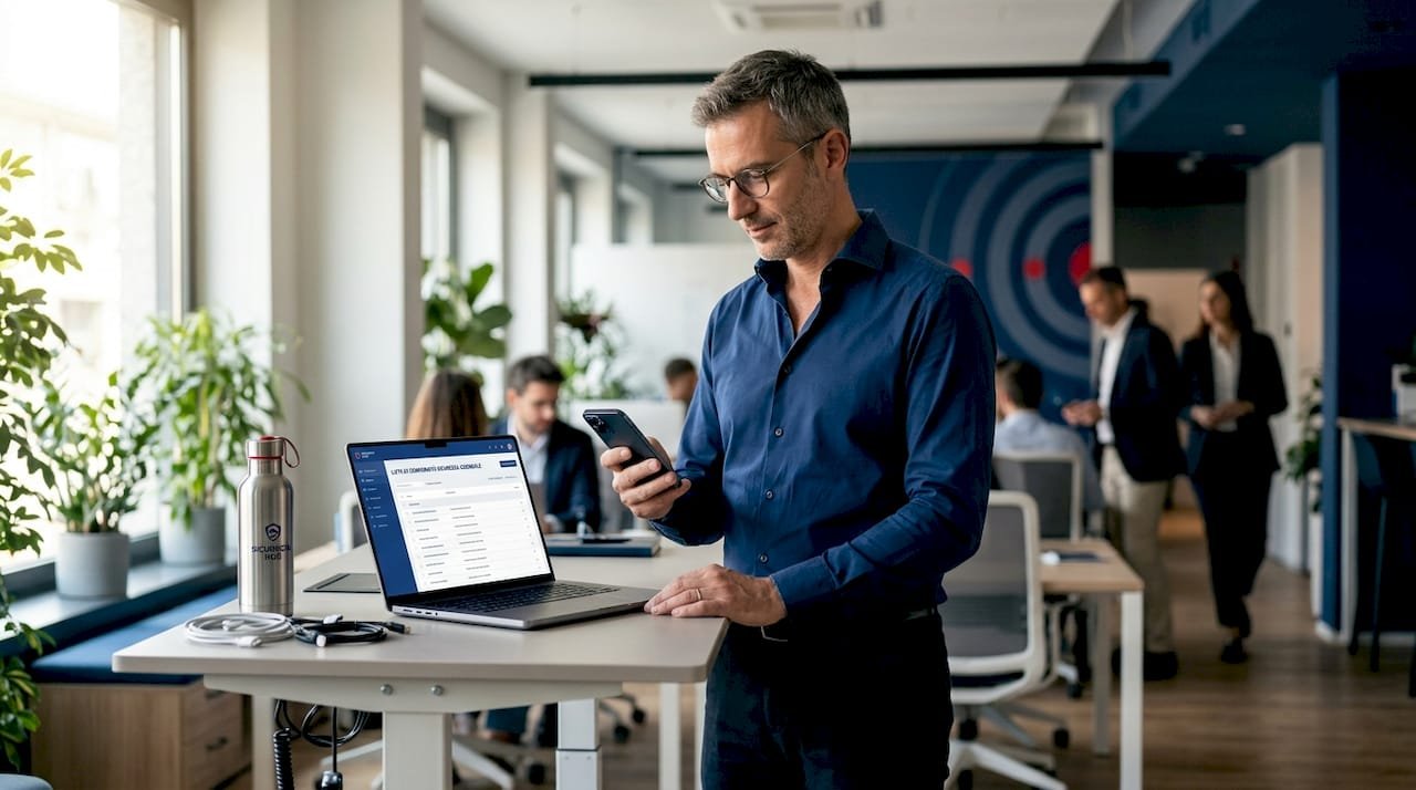 Professionista che mette al sicuro il proprio smartphone vicino alla finestra dell’ufficio