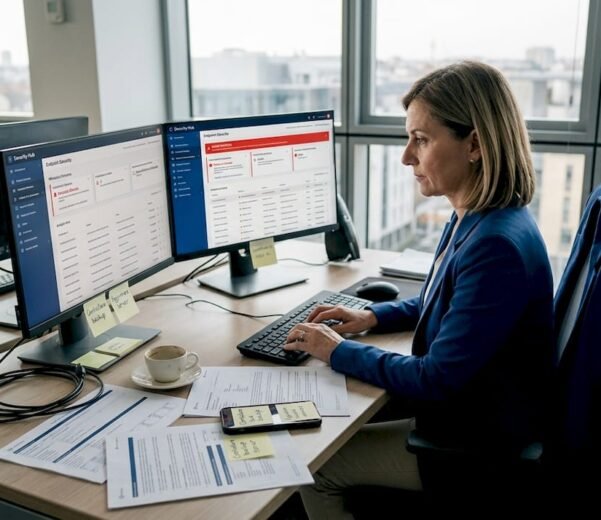 Il responsabile IT controlla gli avvisi di sicurezza informatica direttamente dalla sua postazione in ufficio.