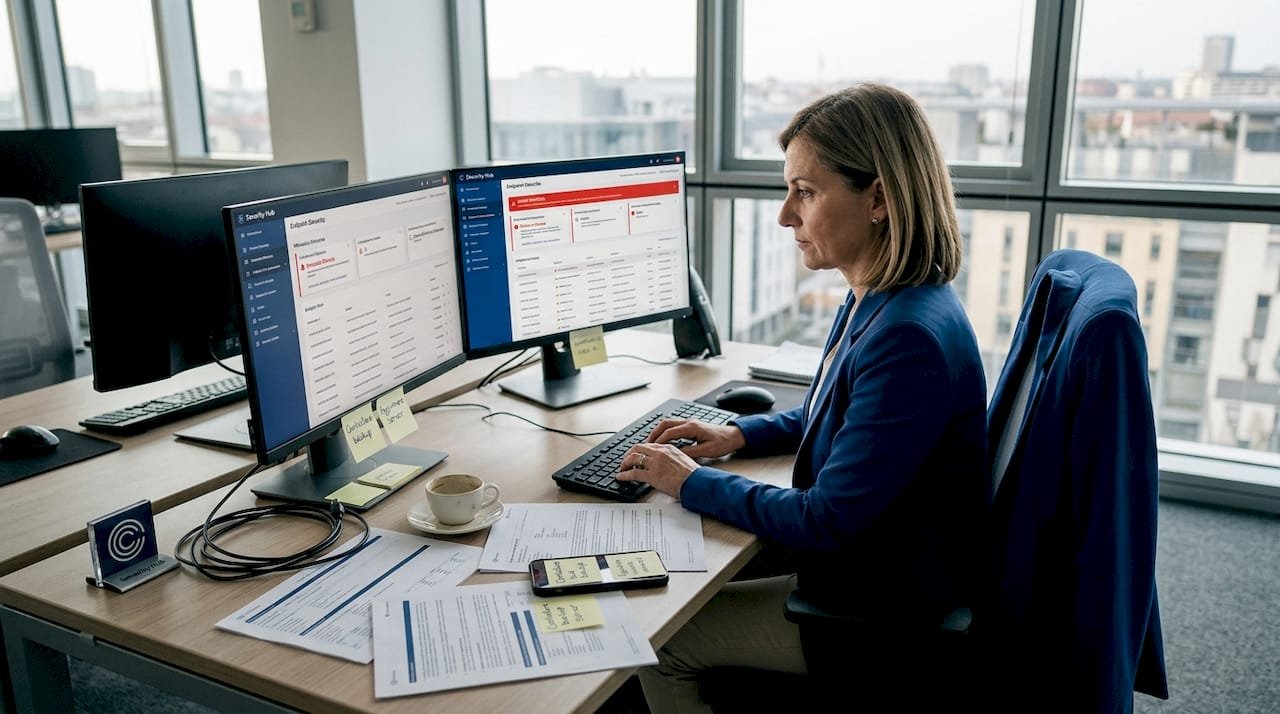 Il responsabile IT controlla gli avvisi di sicurezza informatica direttamente dalla sua postazione in ufficio.