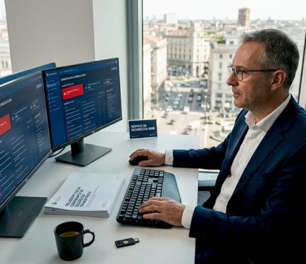 Un responsabile della sicurezza informatica sta analizzando le segnalazioni di sicurezza cloud direttamente dal suo ufficio.