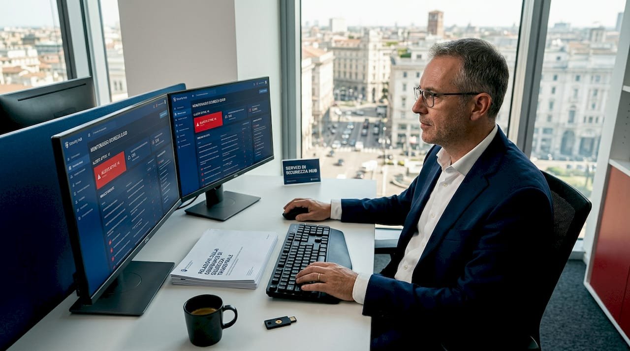Un responsabile della sicurezza informatica sta analizzando le segnalazioni di sicurezza cloud direttamente dal suo ufficio.