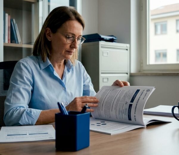 Una manager di una piccola o media impresa italiana impegnata nelle sue attività quotidiane in ufficio.