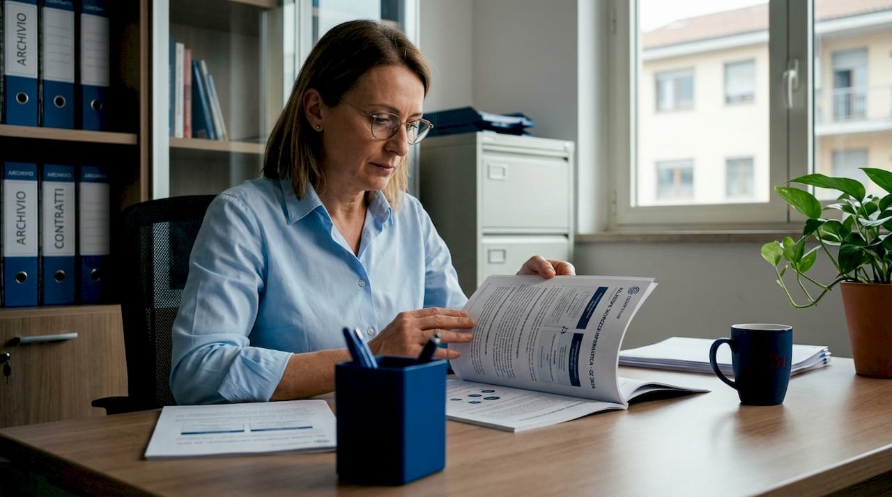 Una manager di una piccola o media impresa italiana impegnata nelle sue attività quotidiane in ufficio.