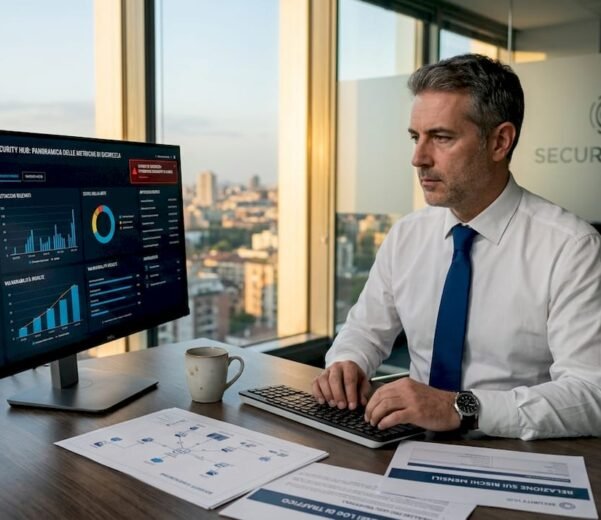 Il responsabile sta analizzando i dati sulla sicurezza informatica direttamente dalla dashboard in ufficio.