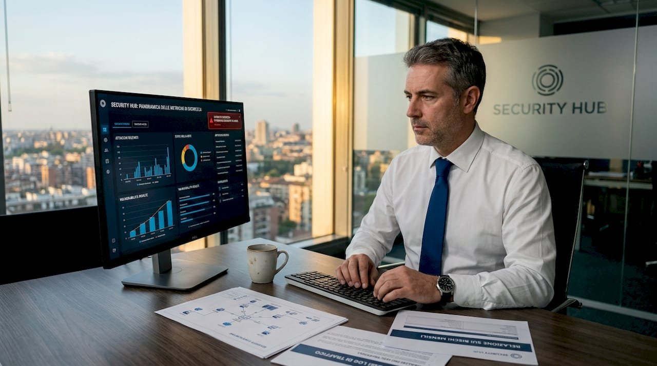 Il responsabile sta analizzando i dati sulla sicurezza informatica direttamente dalla dashboard in ufficio.