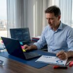 Titolare di una piccola impresa che esamina i documenti relativi alla sicurezza dei dati
