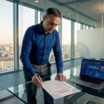 Il responsabile IT controlla la checklist di sicurezza seduto alla sua scrivania.