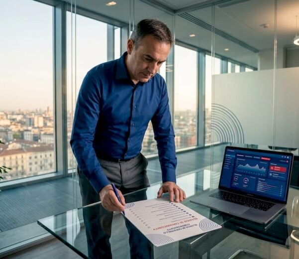 Il responsabile IT controlla la checklist di sicurezza seduto alla sua scrivania.