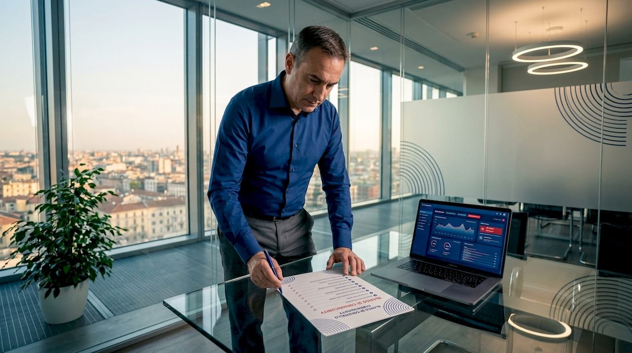 Il responsabile IT controlla la checklist di sicurezza seduto alla sua scrivania.