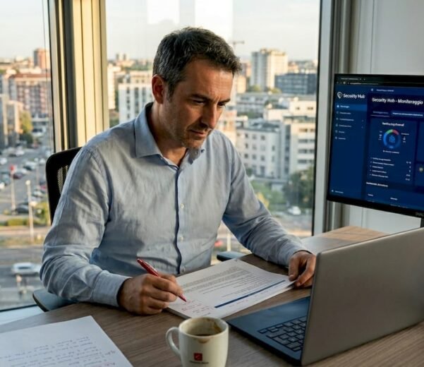 Un esperto si occupa di controllare e aggiornare i documenti relativi alla sicurezza direttamente in ufficio.