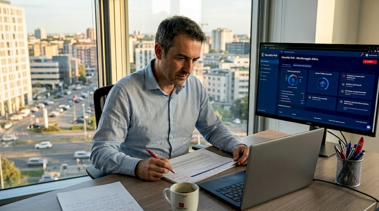 Un esperto si occupa di controllare e aggiornare i documenti relativi alla sicurezza direttamente in ufficio.