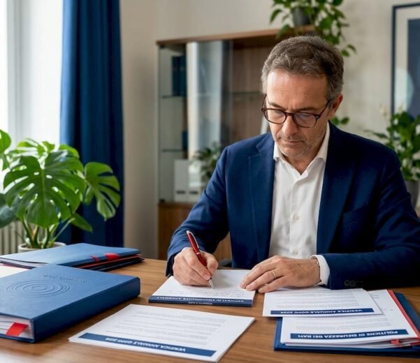 Imprenditore alle prese con la verifica dei documenti relativi alla conformità del cloud