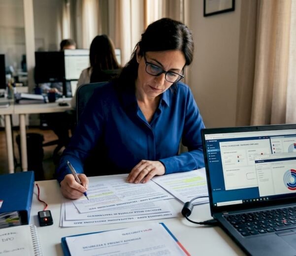 Titolare di una piccola impresa che controlla la conformità alle normative sulla privacy dei dati