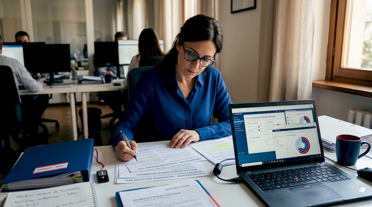 Titolare di una piccola impresa che controlla la conformità alle normative sulla privacy dei dati