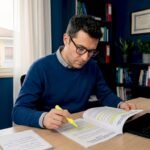 Il titolare dell’azienda sta esaminando i documenti relativi alla sicurezza sul lavoro.