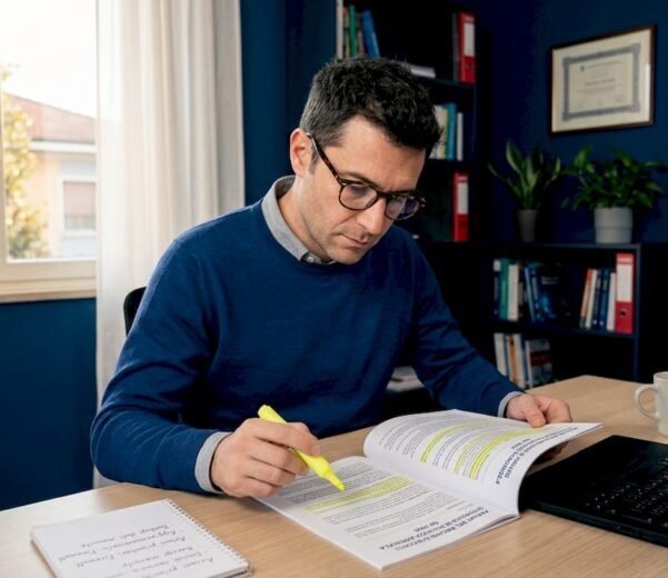 Il titolare dell’azienda sta esaminando i documenti relativi alla sicurezza sul lavoro.