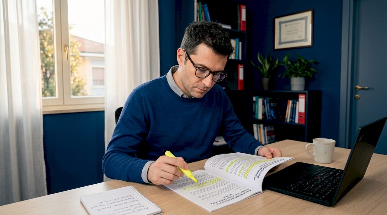Il titolare dell’azienda sta esaminando i documenti relativi alla sicurezza sul lavoro.