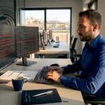 Analista della sicurezza informatica impegnato a controllare i registri sul proprio computer in ufficio.
