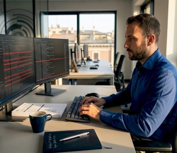 Analista della sicurezza informatica impegnato a controllare i registri sul proprio computer in ufficio.