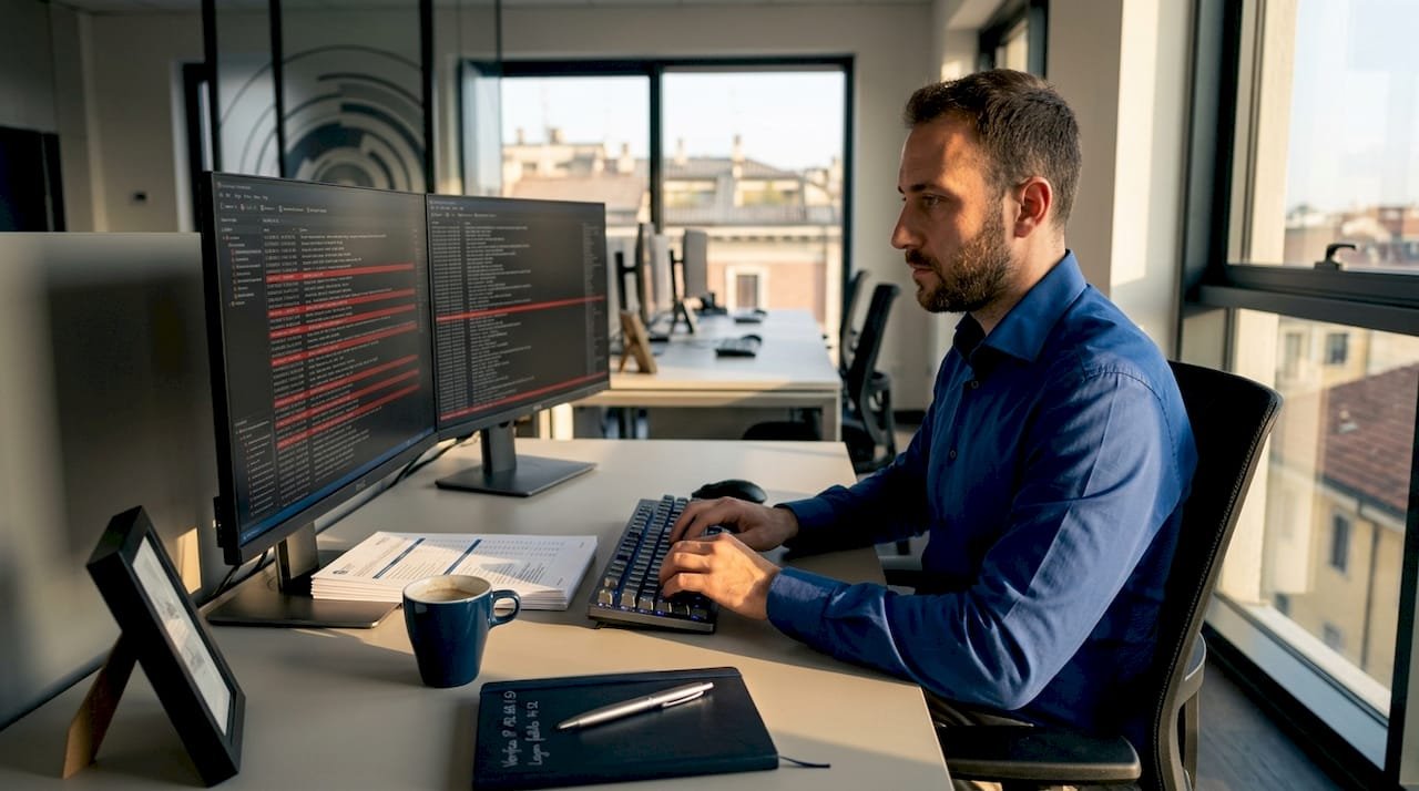 Analista della sicurezza informatica impegnato a controllare i registri sul proprio computer in ufficio.