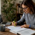 In un piccolo ufficio, una donna esamina attentamente la documentazione relativa agli standard ISO, assicurandosi che tutto sia conforme alle normative.