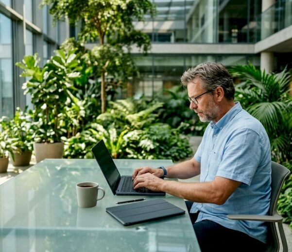 Un esperto informatico impegnato a proteggere i dati sul proprio portatile tramite la crittografia.