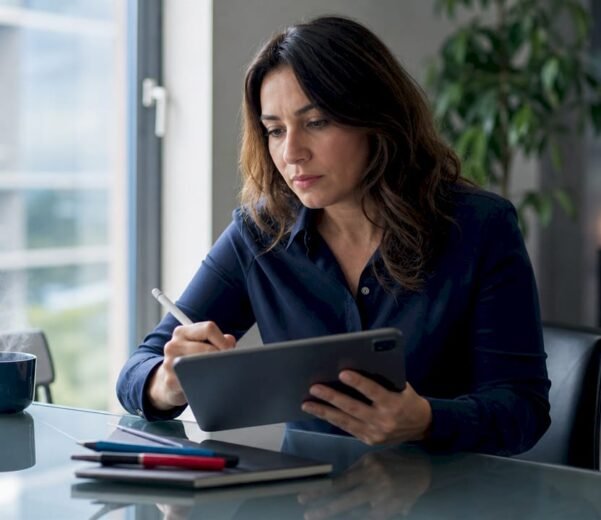 Donna che si occupa di controllare la lista delle procedure di sicurezza in ufficio