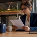 Impiegata che controlla la documentazione relativa al GDPR alla sua scrivania in ufficio.