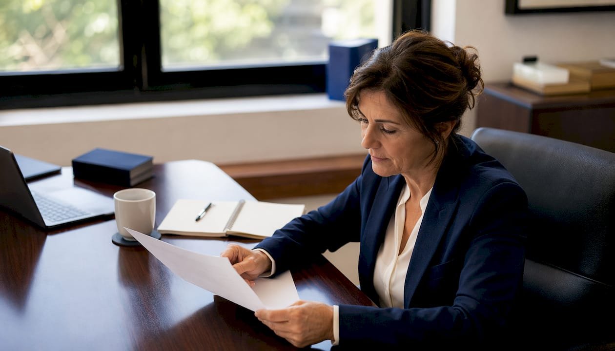 Imprenditrice che controlla un documento di certificazione nel suo ufficio