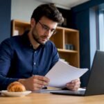 Un consulente sta analizzando i documenti relativi alla certificazione ISO 27001 seduto alla sua scrivania.