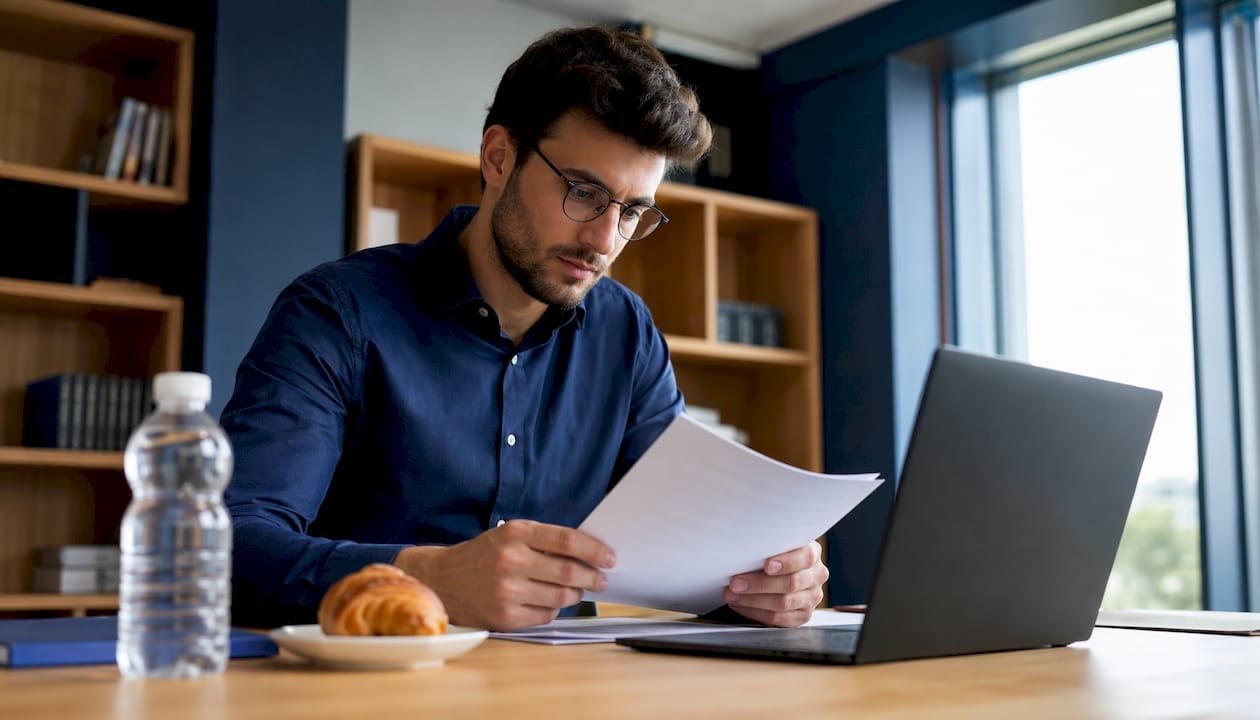 Un consulente sta analizzando i documenti relativi alla certificazione ISO 27001 seduto alla sua scrivania.