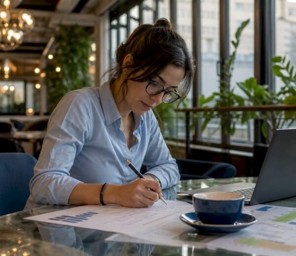 Un professionista al lavoro in ufficio mentre analizza la documentazione necessaria per la due diligence.