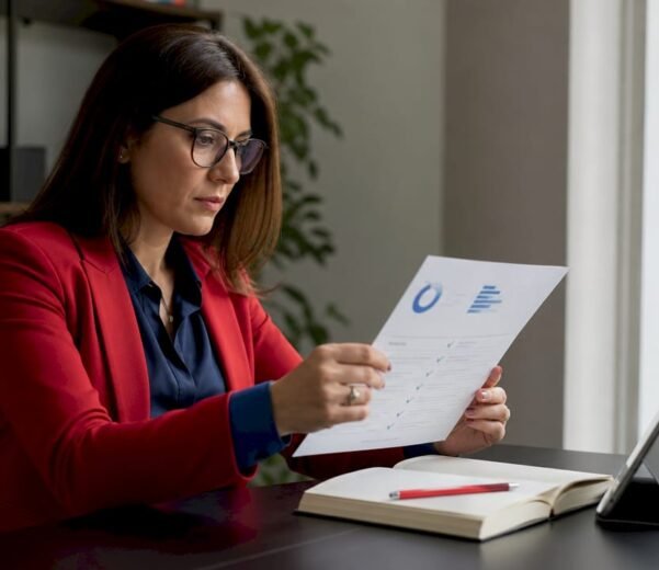 Professionista impegnata nella revisione della documentazione per la certificazione ISO