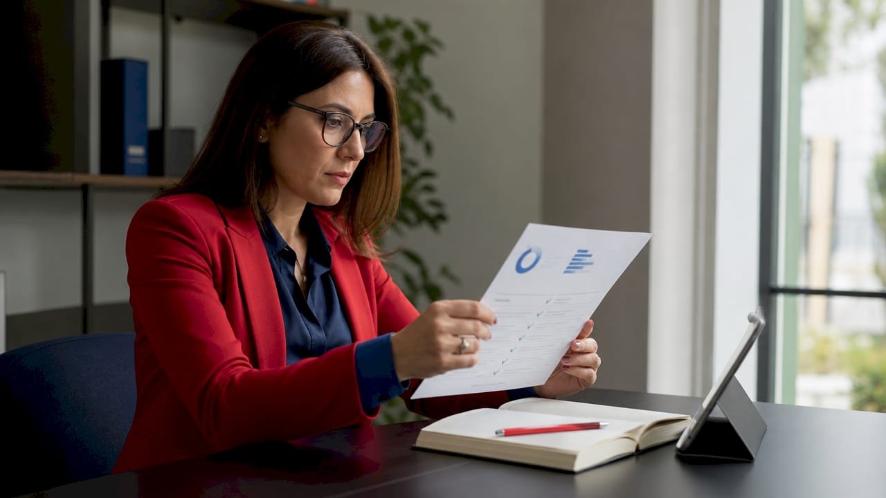 Professionista impegnata nella revisione della documentazione per la certificazione ISO