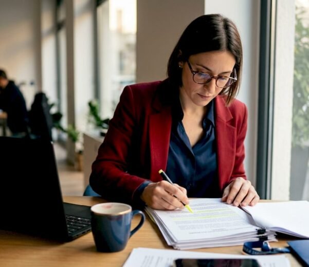 Una donna esamina attentamente un documento relativo alla gestione dei dati personali secondo il GDPR.