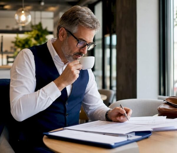 Imprenditore che analizza la documentazione relativa alla conformità GDPR